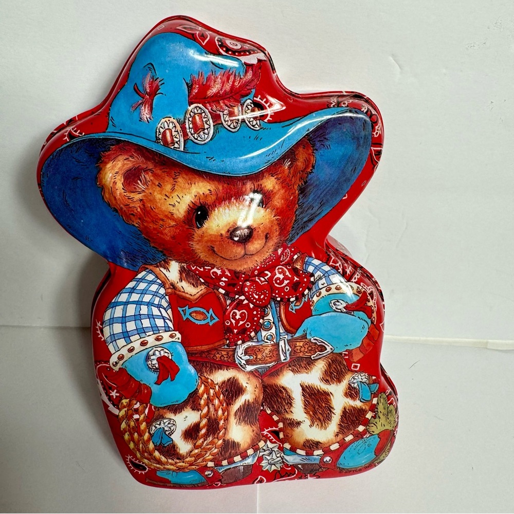 Giftco Inc. Cowboy Teddy Bear Tin.  2 1/4 in tall x 8 in long x 5 in wide.